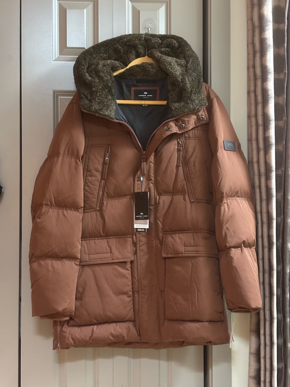 Andrew Marc Men's Brown/Tan Quilted Puffer Parka with Faux Fur Hood